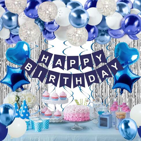 Blue Birthday Decorations for Boys Men - 50 PCS Blue Party Decorations include Happy Birthday Banner Silver Fringe Curtain Heart Star Balloons and Hanging Swirls for Birthday Party Supplies in Kuwait