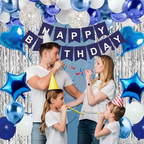 Blue Birthday Decorations for Boys Men - 50 PCS Blue Party Decorations include Happy Birthday Banner Silver Fringe Curtain Heart Star Balloons and Hanging Swirls for Birthday Party Supplies in Kuwait