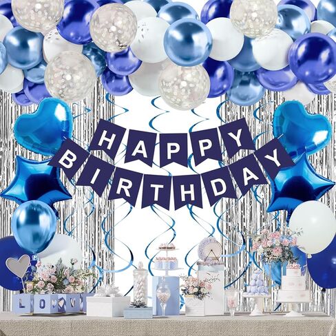 Blue Birthday Decorations for Boys Men - 50 PCS Blue Party Decorations include Happy Birthday Banner Silver Fringe Curtain Heart Star Balloons and Hanging Swirls for Birthday Party Supplies in Kuwait