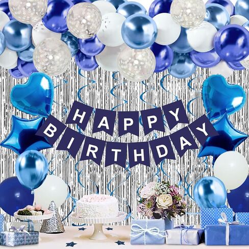 Blue Birthday Decorations for Boys Men - 50 PCS Blue Party Decorations include Happy Birthday Banner Silver Fringe Curtain Heart Star Balloons and Hanging Swirls for Birthday Party Supplies in Kuwait