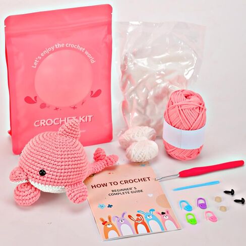 VIVIDOX 2 Pack Dolphin Crochet Kit for Beginners Adults Kids with Easy Yarn 4.3in Tall Animal Crocheting Starter Set with Step-by-Step Video Tutorials, DIY Knitting Kit with Complete Tools (Blue+Pink) in Saudi Arabia