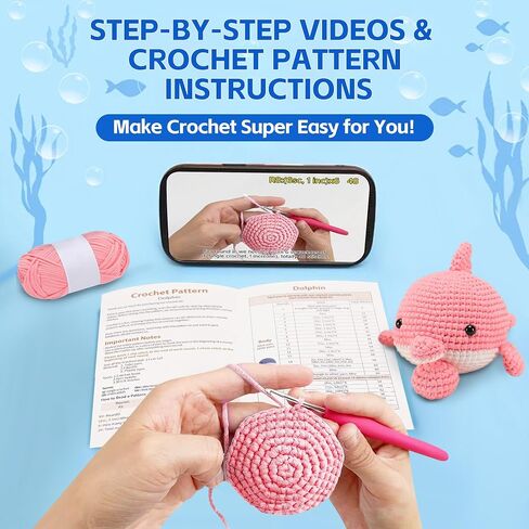 VIVIDOX 2 Pack Dolphin Crochet Kit for Beginners Adults Kids with Easy Yarn 4.3in Tall Animal Crocheting Starter Set with Step-by-Step Video Tutorials, DIY Knitting Kit with Complete Tools (Blue+Pink) in Saudi Arabia