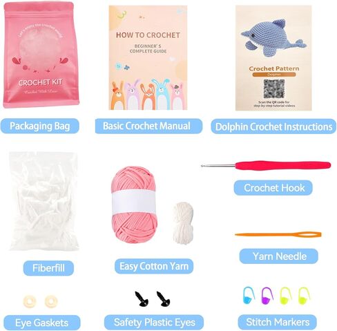 VIVIDOX 2 Pack Dolphin Crochet Kit for Beginners Adults Kids with Easy Yarn 4.3in Tall Animal Crocheting Starter Set with Step-by-Step Video Tutorials, DIY Knitting Kit with Complete Tools (Blue+Pink) in Saudi Arabia