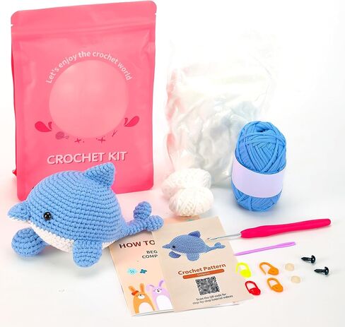 VIVIDOX 2 Pack Dolphin Crochet Kit for Beginners Adults Kids with Easy Yarn 4.3in Tall Animal Crocheting Starter Set with Step-by-Step Video Tutorials, DIY Knitting Kit with Complete Tools (Blue+Pink) in Saudi Arabia