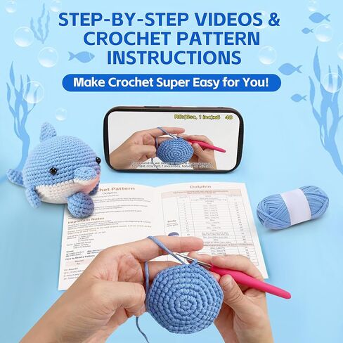 VIVIDOX 2 Pack Dolphin Crochet Kit for Beginners Adults Kids with Easy Yarn 4.3in Tall Animal Crocheting Starter Set with Step-by-Step Video Tutorials, DIY Knitting Kit with Complete Tools (Blue+Pink) in Saudi Arabia