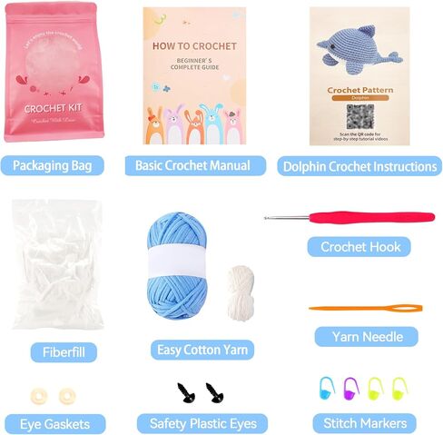 VIVIDOX 2 Pack Dolphin Crochet Kit for Beginners Adults Kids with Easy Yarn 4.3in Tall Animal Crocheting Starter Set with Step-by-Step Video Tutorials, DIY Knitting Kit with Complete Tools (Blue+Pink) in Saudi Arabia