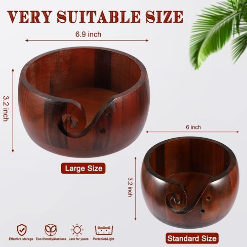 Lucyphy Wooden Gharn Bowl 6 × 3.2 بوصة مصنوعة يدويًا سلة تخزين الصوف مع الثقوب المنحوتة والتدريبات لإكسسوارات الكروشيه DIY (لون مختلط) in Kuwait