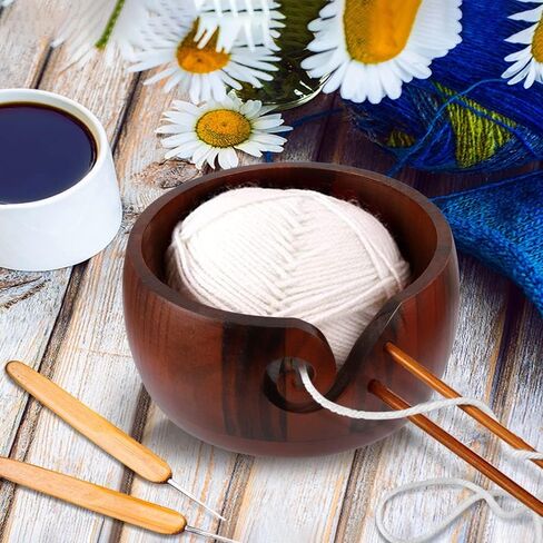 Lucyphy Wooden Gharn Bowl 6 × 3.2 بوصة مصنوعة يدويًا سلة تخزين الصوف مع الثقوب المنحوتة والتدريبات لإكسسوارات الكروشيه DIY (لون مختلط) in Kuwait