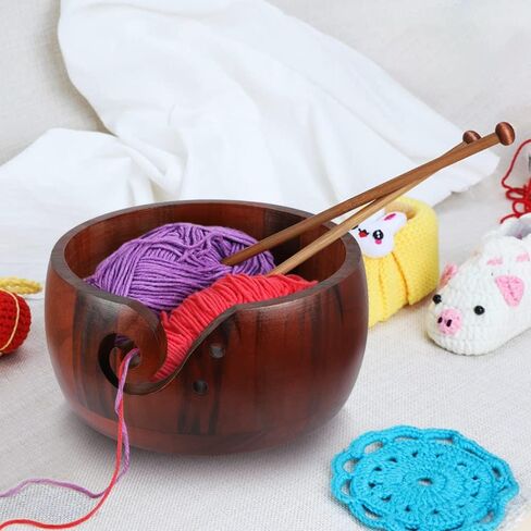 Lucyphy Wooden Gharn Bowl 6 × 3.2 بوصة مصنوعة يدويًا سلة تخزين الصوف مع الثقوب المنحوتة والتدريبات لإكسسوارات الكروشيه DIY (لون مختلط) in Kuwait