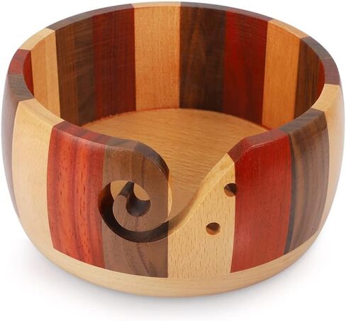 Lucyphy Wooden Gharn Bowl 6 × 3.2 بوصة مصنوعة يدويًا سلة تخزين الصوف مع الثقوب المنحوتة والتدريبات لإكسسوارات الكروشيه DIY (لون مختلط) in Kuwait