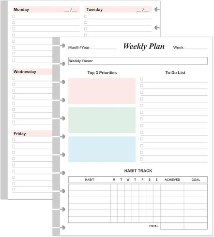 3-Hole Weekly Planner Refills - 53 Sheets/106 Pages Colorful Weekly Planner for 3 Ring Binders, 100 gsm White Paper, Lasts 1 Year, Undated, 8.5'' x 11'' in Saudi Arabia