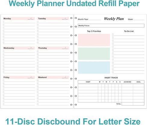 3-Hole Weekly Planner Refills - 53 Sheets/106 Pages Colorful Weekly Planner for 3 Ring Binders, 100 gsm White Paper, Lasts 1 Year, Undated, 8.5'' x 11'' in Saudi Arabia