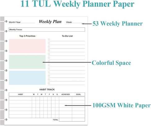 3-Hole Weekly Planner Refills - 53 Sheets/106 Pages Colorful Weekly Planner for 3 Ring Binders, 100 gsm White Paper, Lasts 1 Year, Undated, 8.5'' x 11'' in Saudi Arabia