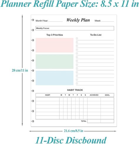 3-Hole Weekly Planner Refills - 53 Sheets/106 Pages Colorful Weekly Planner for 3 Ring Binders, 100 gsm White Paper, Lasts 1 Year, Undated, 8.5'' x 11'' in Saudi Arabia