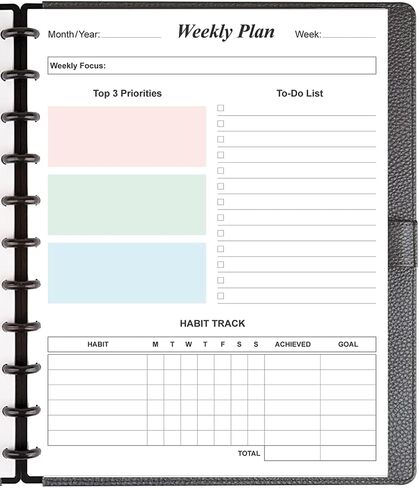 3-Hole Weekly Planner Refills - 53 Sheets/106 Pages Colorful Weekly Planner for 3 Ring Binders, 100 gsm White Paper, Lasts 1 Year, Undated, 8.5'' x 11'' in Saudi Arabia