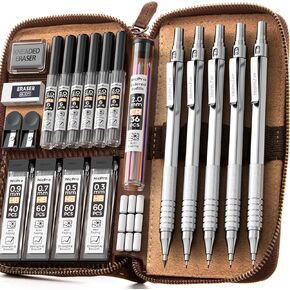 Nicpro 20PCS Black Metal Mechanical Pencil Set in Leather Case, Drafting Pencil 0.3, 0.5, 0.7, 0.9 mm & 2mm Lead Holders, 9 Tube (4B 2B HB 2H Colors) Lead Refills, Erasers For Art Sketching Drawing