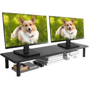 Bamboo Dual Monitor Shelf, Monitor Stand Riser with Underneath Storage for Desk Office Supplies, Supports Heavy TV up to 300 lbs, Natural