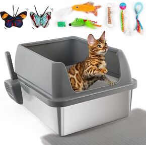 AFP Stainless Steel Cat Litter Box with Lid – XL Litter Box for Big Cats | High Sides, Non-Sticky, Anti-Leakage, Odor Control & Includes Litter Mat, Scoop & Toys (Grey)