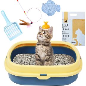 Suhaco 6 Pcs Kitten Litter Box Starter Kit with Cat Litter & Litter Scoop Teaser Wand Licking Mat Bath Brush 6 in 1 Cat Litter Box(Blue)