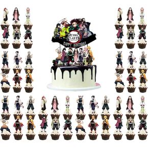 Educatgame 48 Anime Cupcake Toppers with 1 Happy Birthday Cake Topper, Cute Anime Themed Party Supplies, Perfect for Birthday Party Decorations