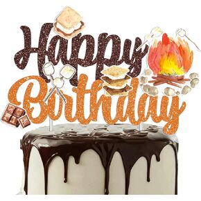 S'more Birthday Party Cake Topper S'more Birthday Party Decoration Bonfire Camping Happy Birthday Cake Pick Decoration for S'more Themed Camping Campfire Camper Birthday Party Supplies