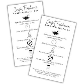 Carpet Freshener Sprinkles Instruction Cards 50pk 2x3.5" Deodorizer Bottle Shake for Powder Scent DIY Rug Warning Label Ingredients Scent