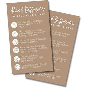 Reed Oil Diffuser Care Card | 50 Pack 2" x 3.5" inches Home Scents Wooden Bottles Warning Labels Office Tan Client Instructions and Care Car Oil Bullet Scent Stickers Minimalist Tan