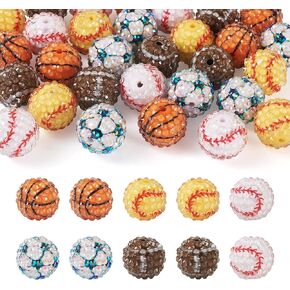 Pandahall 30Pcs Rhinestone Bead Crystal Pave Disco Ball Clay Bead 20mm Bubblegum Chunky Bead Sports Basketball Football Baseball Round Diamond Beads for Jewelry Making Necklace Bracelet