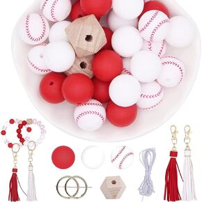 KnvsS Silicone Beads for Keychain Making Kit Rubber Beads Bulk for Pen Jewelry Bracelet Necklace Making with Keychain/Tassel/String (Baseball 36pcs)