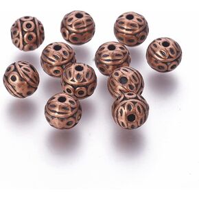 KISSITTY 50Pcs Antique Red Copper Round Iron Beads 8mm Small Hole Loose Metal Corrugated Round Bead Craft Tibetan Style Alloy Spacer Bead for DIY Jewelry Making Findings Charms Pendants