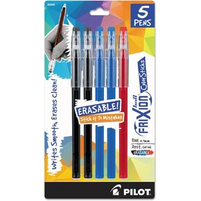 Pilot, FriXion ColorSticks Erasable Gel Ink Pens, Fine Point 0.7 mm, Pack of 5, 2 Black, 2 Blue & 1 Red