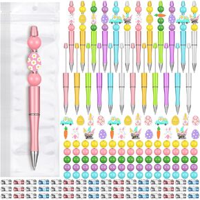 Zhanmai 197 Pcs Easter DIY Beadable Pens Kit 24 Plastic Ballpoint Pen with 101 Assorted Colors Wooden Beads 48 Spacer Bead 24 Packaging Bags for School Easter Gift Party Office Supplies