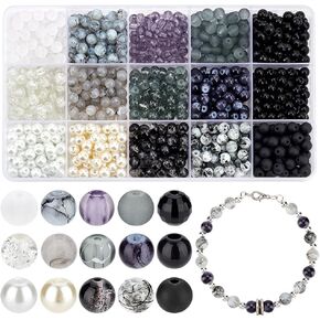 PH PandaHall 900pcs 6mm Marble Glass Beads, 15 Color Black White Bracelet Beads Round Loose Beads Crystal Bead for Bracelet Earring Necklace Jewelry Making Halloween Eid Mubarak Ramadan Decoration