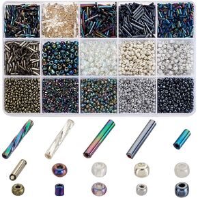PH PandaHall 5000+pcs Glass Seed Beads 15 Styles Tube Beads Bugle Beads Black White Small Mini Beads Twisted Beads Waist Beads Friendship Craft Beads for Friendship Bracelet Making Beading Weaving