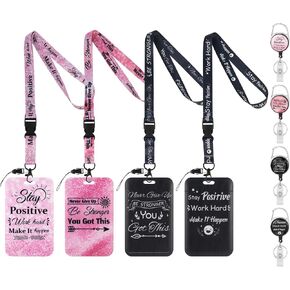 Jspupifip 4 Pack Inspirational ID Badges Clips, Positive Retractable Lanyards and Carabiner Clip, Detachable Name Tags Card Holders Teacher Student Nurse Girls Work Office Back to School Gifts