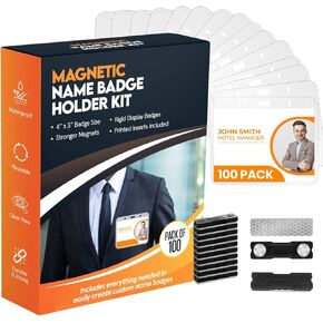 100 Pack of 4 x3 Magnetic Name Badge Holders (White Printable Inserts Included) Customizable Magnetic Name Tags for Office, Conventions, School, and Events - Durable and Clear Plastic Name Tag Holder