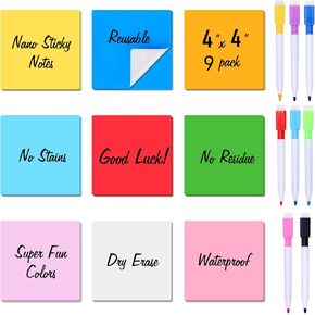 9 Dry Erase Sticky Notes,Reusable Washable Mini Whiteboard Stickers Squares,4x4 INCH Nano Sticky Notes Post It Notes,8 Dry Markers with Eraser,for Labels Lists Reminders, Washable, Removable