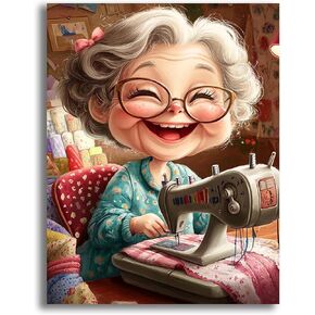 VAIIEYO 5D DIY Diamond Art Kits for Adults Sewing Machine, Diamond Art Cartoon Grandma, Diamond Painting Kits Full Drill Round Rhinestone Craft Canvas for Home Wall Decor Gift 12x16 inch