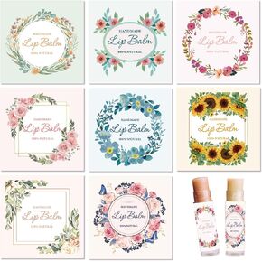 CRASPIRE 80Pcs 8 Styles Lip Balm Sticker Wreath Flower Plant Sunflower Self-Adhesive Homemade Lip Balm Labels Vintage Square DIY Label Stickers for Lip Balm Containers Cosmetics Lipsticks