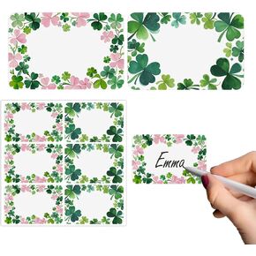 120 PCS St. Patrick's Day Name Tag Stickers Shamrock Nameplates Lucky Clover Stickers Festive Four Leaf Clover Gift Tag Labels for Celebrations Holiday Decoration Back to School Supplies, 2 * 3 in