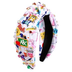 boderier Teacher Headbands for Women Pearl Crystal Knotted Headband Pencil Apple Headband Back to School Teacher Appreciation Gifts (Teach ABC)