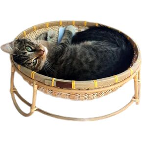 Elevated Cat Bed – Handcrafted Bamboo Basket with Rattan Stand, Breathable Design for Summer Comfort