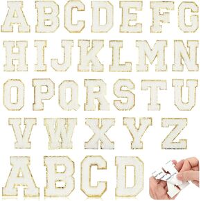 26 PCS Iron on Letters for Fabric, 2.2 Inch Chenille Letter Patches A-Z Glitter Letter Iron on Patches Chenille Embroidered Alphabet Patches for Clothing Sweatshirt Jackets Hat (White, Gold)