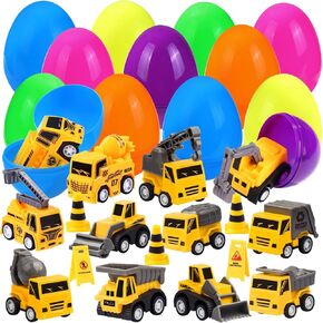 12pcs Prefilled Easter Eggs with Toys Plastic Easter Eggs Pull-Back Engineering Vehicles with small signpost Easter Basket Stuffers for Kids Easter Egg Hunt Filler Classroom Party Favor