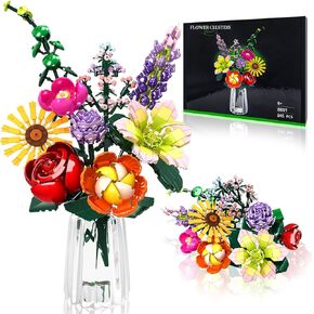 Flowers Bouquet Building Set, 9 Kinds of Flowers Home Office Creative Decorative for Mother's Day, Birthdays, Christmas Day Gifts, Gift for 6+ Girls Women Adults, No Vase