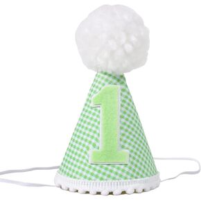St. Patrick Day First Birthday Cone Hat - Green Gingham Lucky Themed Birthday Party Hat, Baby First Birthday Cake Smash Photo Props,1st Spring Birthday Party Decorations, Green Birthday Party Decor