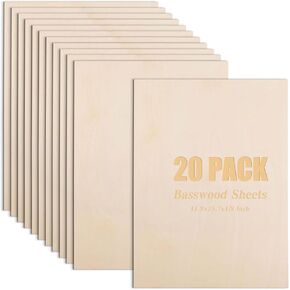 Awizom 20 PCS Basswood Sheets 1/8 × 15.7 × 11.8 بوصة من ألواح الخشب الرقائقي غير المكتملة للألواح الخشبية الطبيعية للحرف لقطع الليزر ، حرق الخشب ، نماذج معمارية ، تلطيخ ، مشاريع DIY