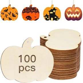 100 PCS Wooden Pumpkins Ornaments, Kuchisity Pumpkin Wood Cutouts Unfinished Fall Wooden Ornaments Blank Pumpkin Wooden Slices for DIY Crafts Autumn Harvest Halloween Hanging Decoration