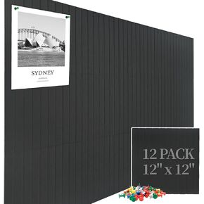 Large Cork Board Felt Wall Tiles, 47"x35" 12 Pack Felt Bulletin Board Pin Board with Safe Removable Adhesive Tabs and Push Pins, Alternative Cork Board for Walls Home Office, Black