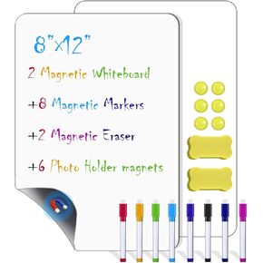 2PCS Magnetic Whiteboard for Fridge Dry Erase Board for Refrigerator, Small Whiteboard for Refrigerator Door, Includes 8 Markers with Magnets, 2 Magnetic Eraser, 6 Magnets (12"×8", White)